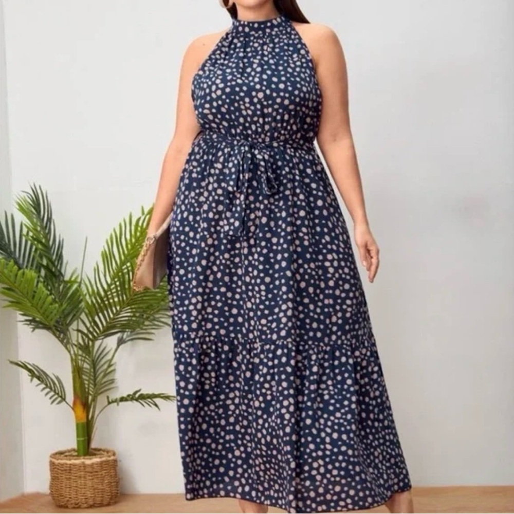 SHEIN Dress Dalmatian Print Halter Neck Ruffle Hem Belthed Dress polkadot 1X